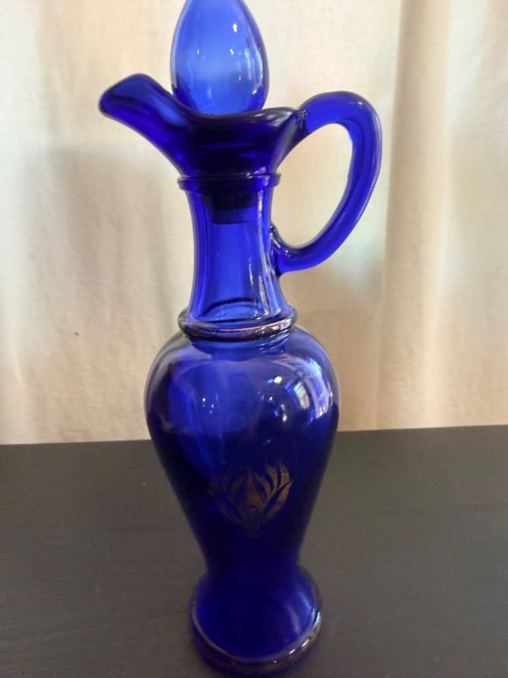 Vintage 1970s Avon Cobalt Blue Glass Decanter Cruet Pitcher with Stopper & Gold